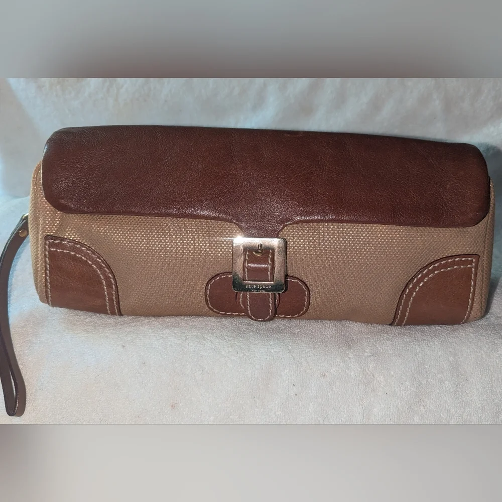 Kate Spade Brown and Tan Clutch Wristlet Bag with Decorative Buckle